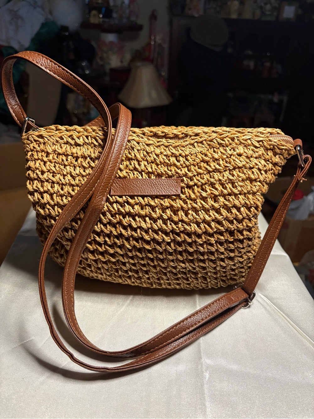 Boho Woven Straw Crossbody Bag – Khaki Summer Beach Shoulder Purse